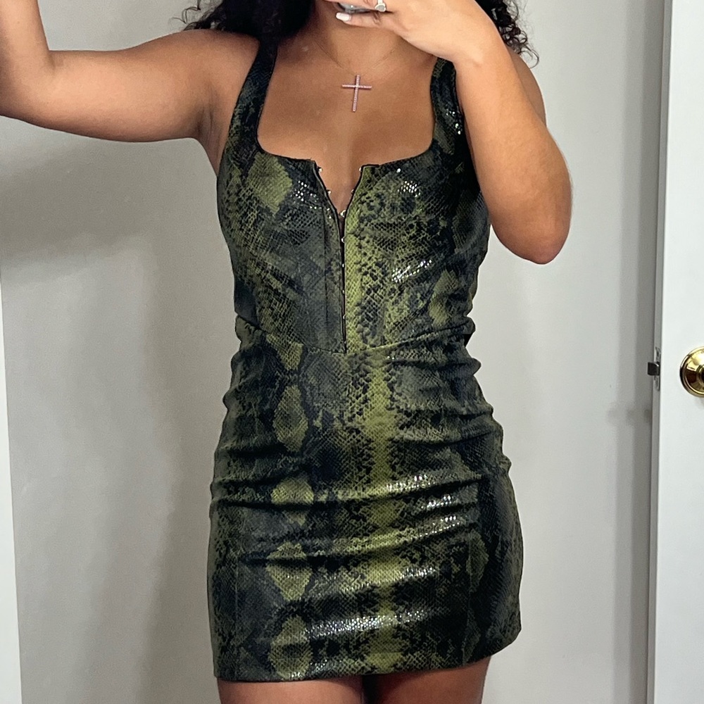 Revolve Dress - NBD - Shiny Green Snakeprint mini dress